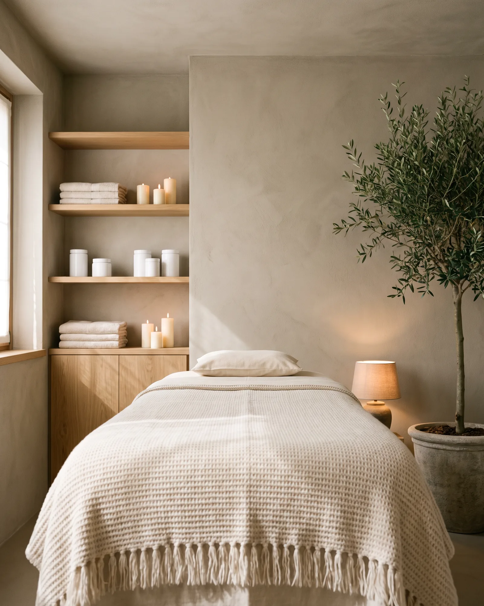 La cabina trattamenti: lettino con coperta in maglia, piante e luce calda (immagine provvisoria)