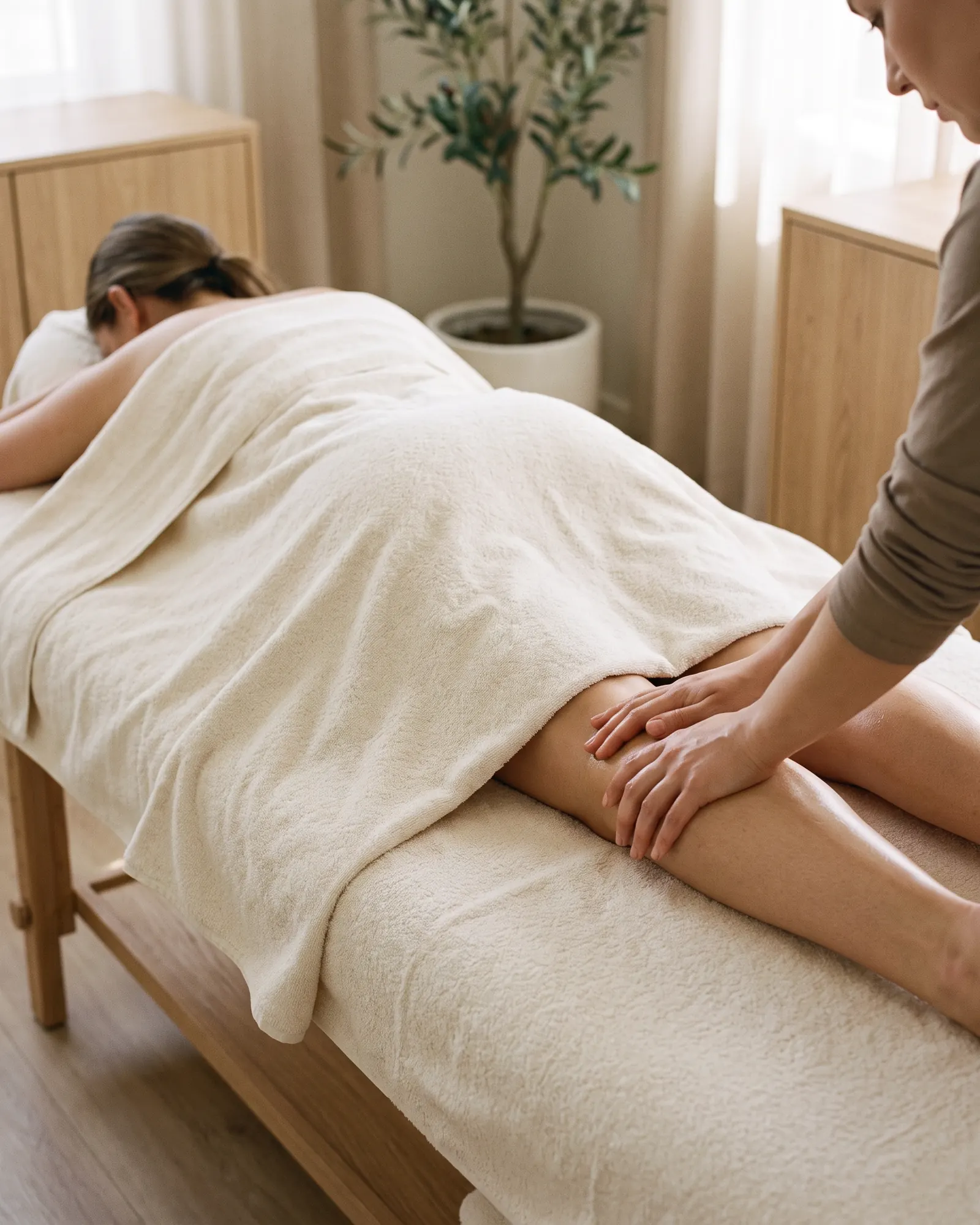 Trattamento corpo: le gambe coperte dall'asciugamano e le mani dell'estetista (immagine provvisoria)