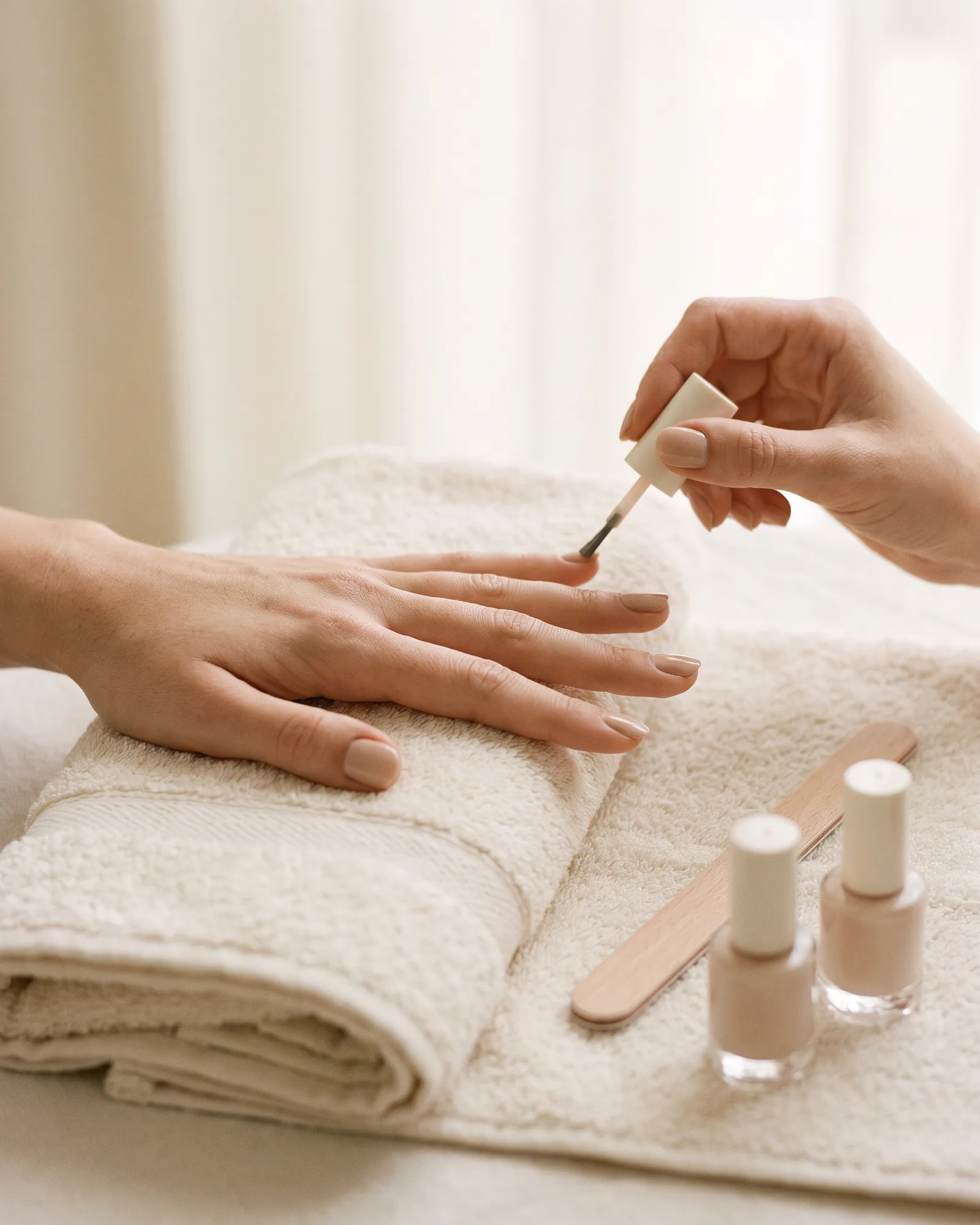 Manicure: mani con smalto nude su un asciugamano panna (immagine provvisoria)