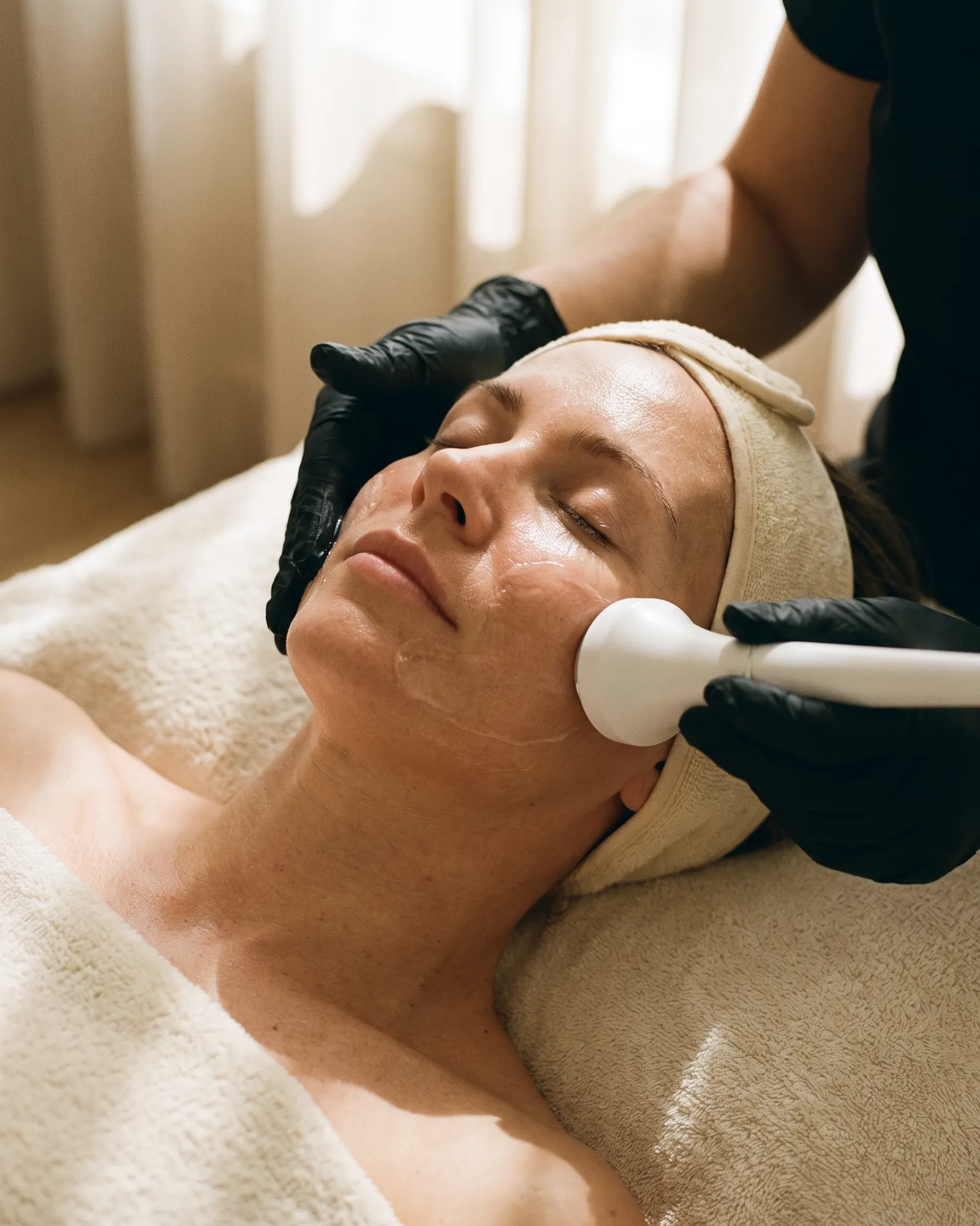 Trattamento viso: una cliente distesa, le mani dell'estetista con i guanti (immagine provvisoria)