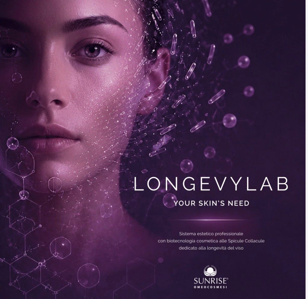 Locandina LongevyLab: il viso di una donna attraversato da microstrutture luminose; sulla foto la scritta «LongevyLab — your skin's need, sistema estetico professionale con biotecnologia cosmetica alle Spicule Collacule dedicato alla longevità del viso» e il marchio Sunrise Omeocosmesi