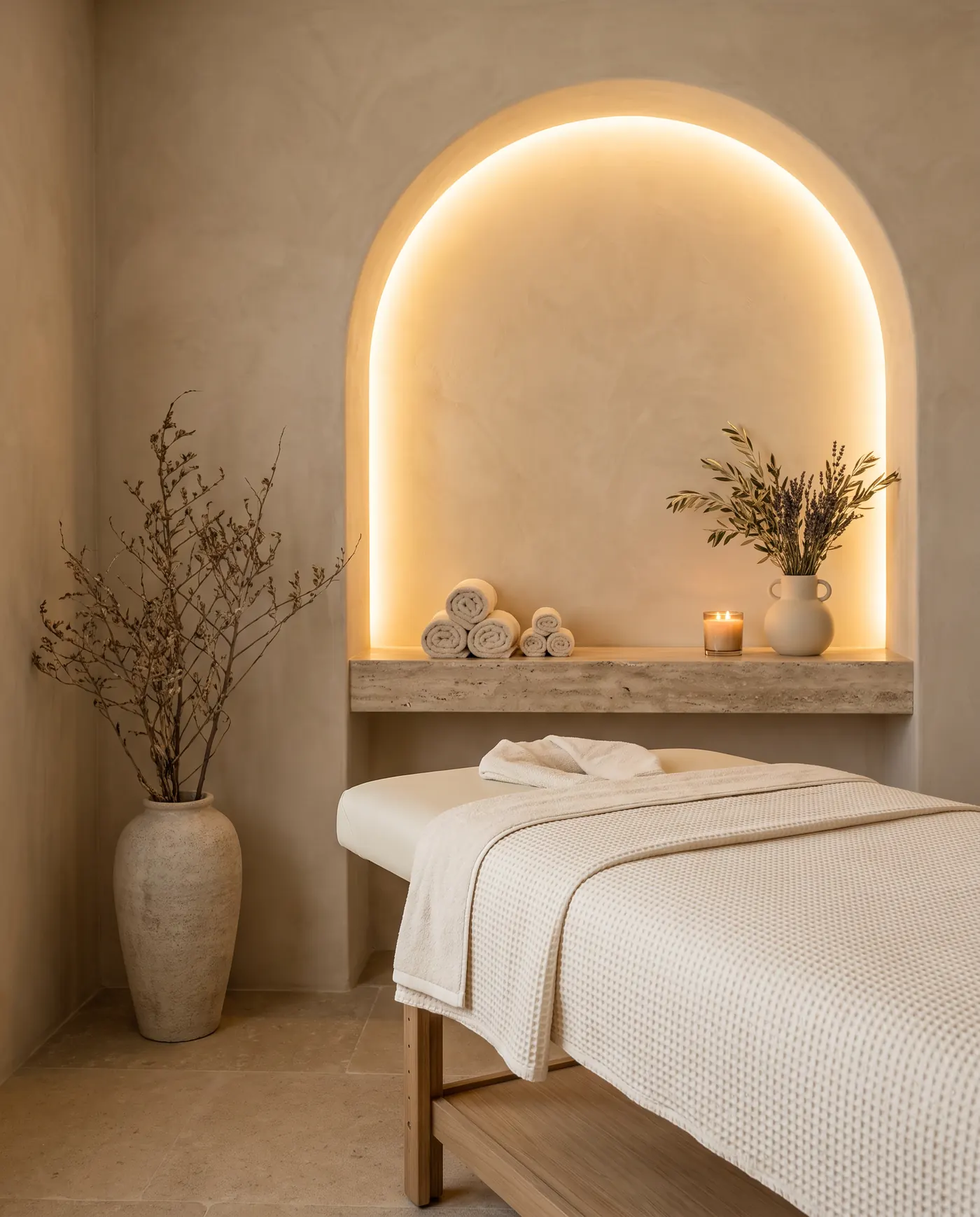 La cabina: lettino con coperta a nido d'ape, nicchia ad arco illuminata, asciugamani arrotolati e una candela (immagine provvisoria)