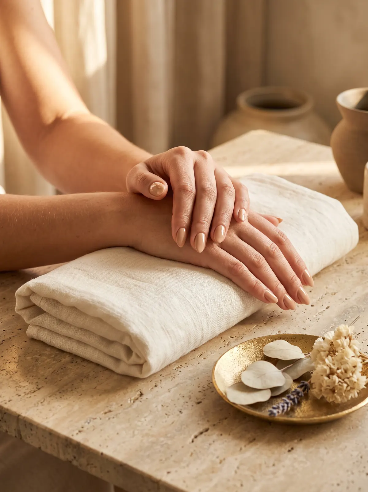 Le mani di una cliente con lo smalto nude, appoggiate su un asciugamano di lino (immagine provvisoria)