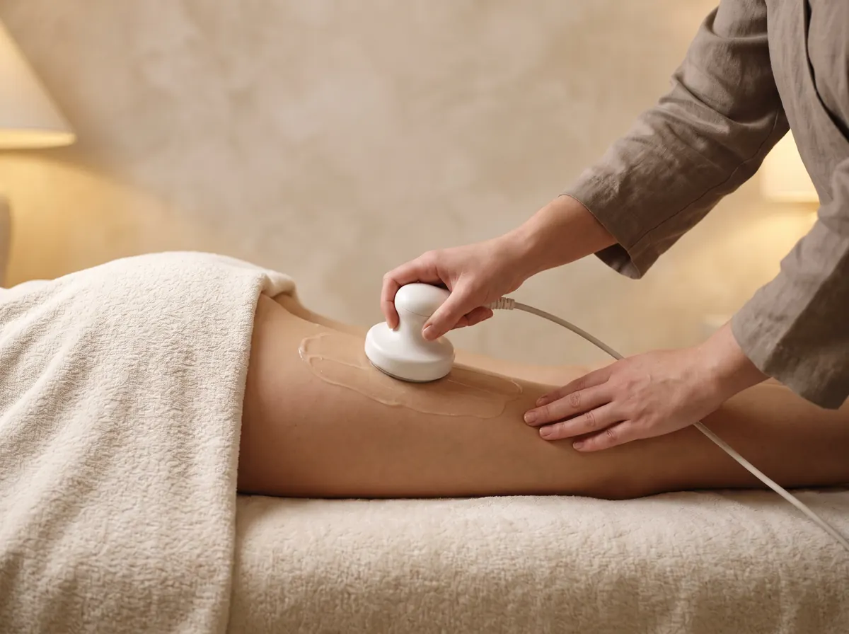 Un trattamento corpo: il manipolo scorre sulla coscia della cliente, coperta da un asciugamano (immagine provvisoria)
